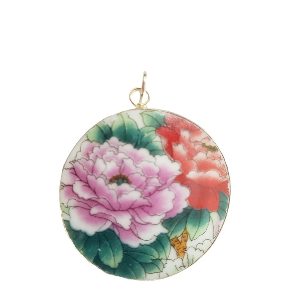 Vintage Floral Porcelain Shard Pendant - Pink Red & Teal Green Botanical Design